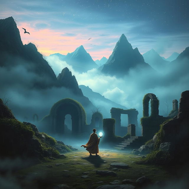 A mysterious landscape depicting a forsaken realm of reincarnation, featuring fog-covered mountains, ancient ruins, and ethereal wisps of spirit energy