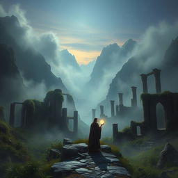 A mysterious landscape depicting a forsaken realm of reincarnation, featuring fog-covered mountains, ancient ruins, and ethereal wisps of spirit energy