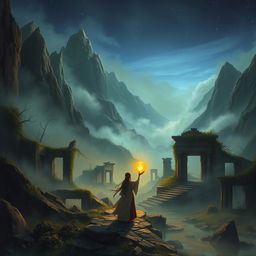 A mysterious landscape depicting a forsaken realm of reincarnation, featuring fog-covered mountains, ancient ruins, and ethereal wisps of spirit energy