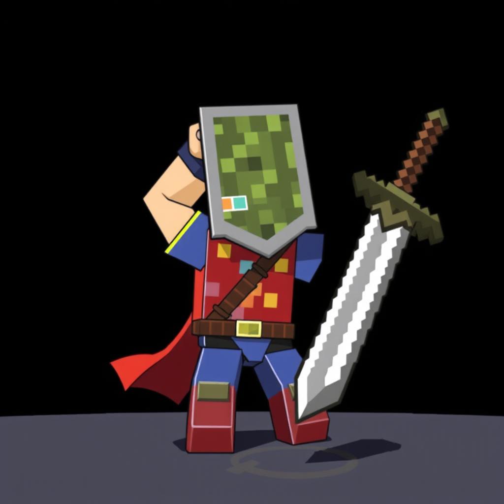 In a Minecraft style, a human character is defensively holding a shield above their head, bracing against a downward punch from a pixelated sword