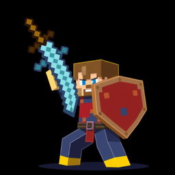 In a Minecraft style, a human character is defensively holding a shield above their head, bracing against a downward punch from a pixelated sword