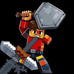 In a Minecraft style, a human character is defensively holding a shield above their head, bracing against a downward punch from a pixelated sword