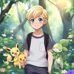 A classic styled blonde boy with blue eyes, acting as a Pokémon trainer, standing confidently amidst a vibrant Pokémon environment