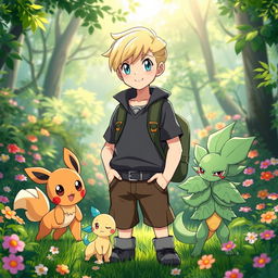 A classic styled blonde boy with blue eyes, acting as a Pokémon trainer, standing confidently amidst a vibrant Pokémon environment