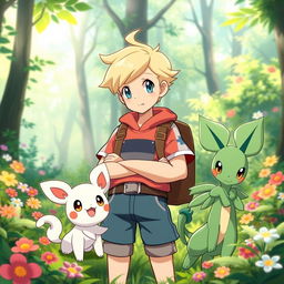 A classic styled blonde boy with blue eyes, acting as a Pokémon trainer, standing confidently amidst a vibrant Pokémon environment