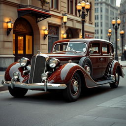 A vintage 1930s four-door car with a slick, streamlined body and realistic detailing, inspired by the classic style of the Talbot Lago