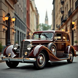 A vintage 1930s four-door car with a slick, streamlined body and realistic detailing, inspired by the classic style of the Talbot Lago