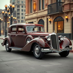 A vintage 1930s four-door car with a slick, streamlined body and realistic detailing, inspired by the classic style of the Talbot Lago