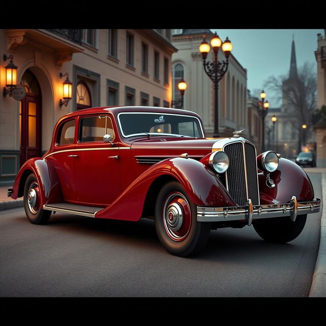 A vintage 1930s four-door car with a slick, streamlined body and realistic detailing, inspired by the classic style of the Talbot Lago