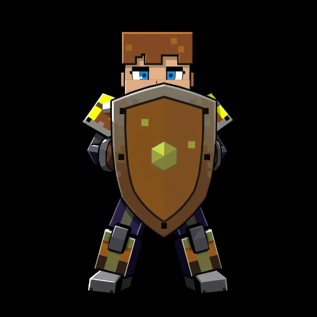 In a Minecraft style, a human character is depicted in a defensive stance, holding a shield firmly in front of them