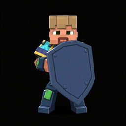 In a Minecraft style, a human character is depicted in a defensive stance, holding a shield firmly in front of them