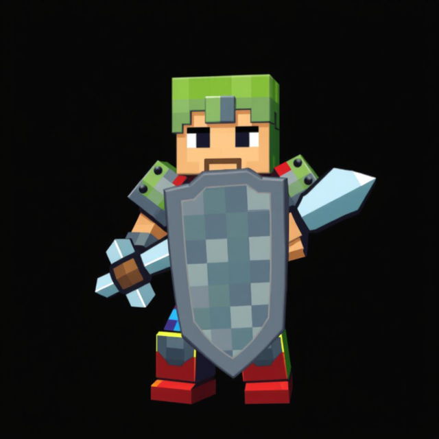 In a Minecraft style, a human character is depicted in a defensive stance, holding a shield firmly in front of them