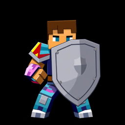 In a Minecraft style, a human character is depicted in a defensive stance, holding a shield firmly in front of them