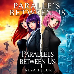 An aesthetic cover for a fantasy book titled "Parallels Between Us", written by "Alya Fleur"