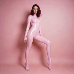 Image of a stylish girl in a pinkish-white latex catsuit and long socks, showcasing her beautiful bare feet without shoes in an aesthetically pleasing environment.