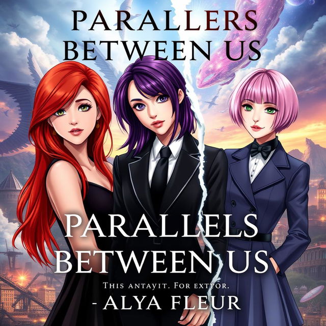 An aesthetic cover for a fantasy book titled "Parallels Between Us", written by "Alya Fleur"