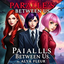 An aesthetic cover for a fantasy book titled "Parallels Between Us", written by "Alya Fleur"