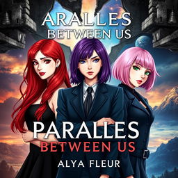 An aesthetic cover for a fantasy book titled "Parallels Between Us", written by "Alya Fleur"