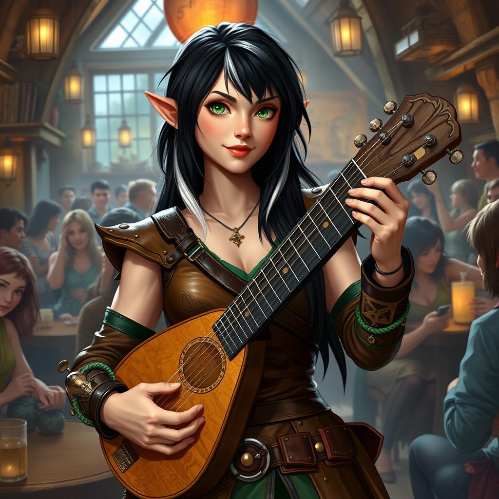 A young but mature-looking half-elf bard with black hair streaked with white, soft green eyes, and a gentle smile