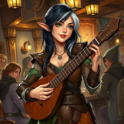 A young but mature-looking half-elf bard with black hair streaked with white, soft green eyes, and a gentle smile