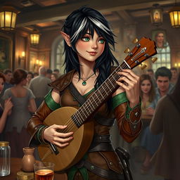 A young but mature-looking half-elf bard with black hair streaked with white, soft green eyes, and a gentle smile