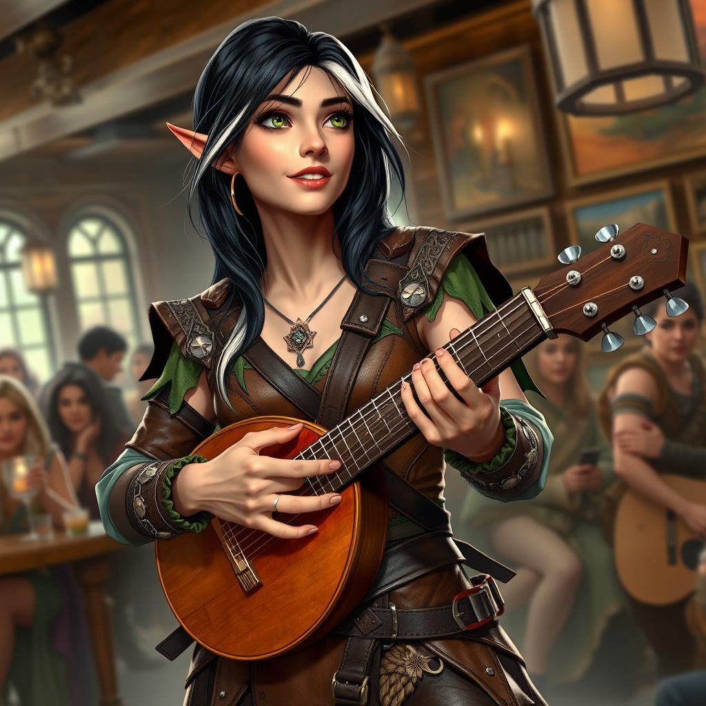 A young but mature-looking half-elf bard with black hair streaked with white, soft green eyes, and a gentle smile