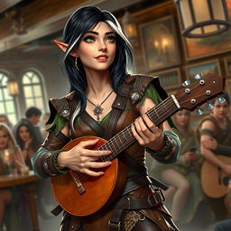 A young but mature-looking half-elf bard with black hair streaked with white, soft green eyes, and a gentle smile