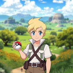 A classic styled blonde boy with striking blue eyes, depicted as a Pokémon trainer