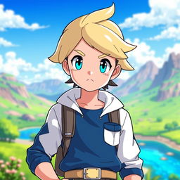 A classic styled blonde boy with striking blue eyes, depicted as a Pokémon trainer