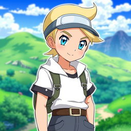 A classic styled blonde boy with striking blue eyes, depicted as a Pokémon trainer