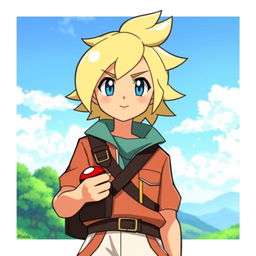 A classic styled blonde boy with striking blue eyes, depicted as a Pokémon trainer