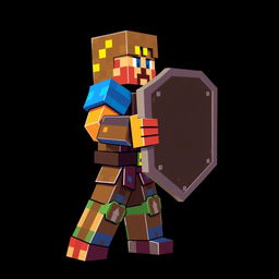 In a Minecraft style, a human character is depicted in a side profile defensive stance, holding a shield firmly to their side as if preparing to block an attack