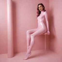 Image of a stylish girl in a pinkish-white latex catsuit and long socks, showcasing her beautiful bare feet without shoes in an aesthetically pleasing environment.