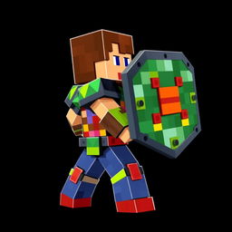 In a Minecraft style, a human character is depicted in a side profile defensive stance, holding a shield firmly to their side as if preparing to block an attack