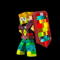 In a Minecraft style, a human character is depicted in a side profile defensive stance, holding a shield firmly to their side as if preparing to block an attack