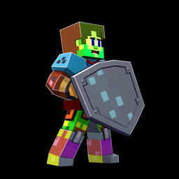 In a Minecraft style, a human character is depicted in a side profile defensive stance, holding a shield firmly to their side as if preparing to block an attack