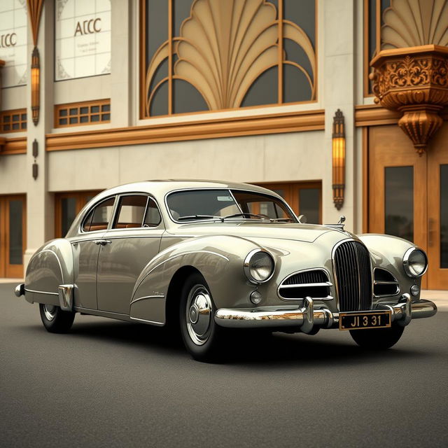 A vintage style four-door car with a slick, streamlined body and realistic details, inspired by the classic Talbot Lago design