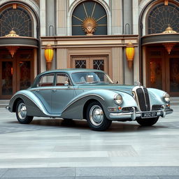 A vintage style four-door car with a slick, streamlined body and realistic details, inspired by the classic Talbot Lago design