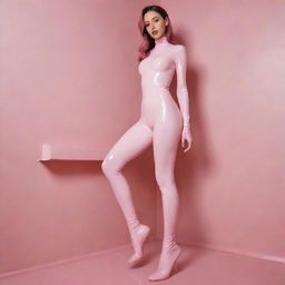 Image of a stylish girl in a pinkish-white latex catsuit and long socks, showcasing her beautiful bare feet without shoes in an aesthetically pleasing environment.