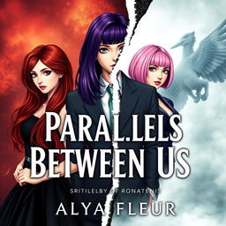 An aesthetic cover for a fantasy book titled "Parallels Between Us", authored by "Alya Fleur"