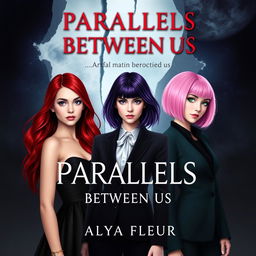 An aesthetic cover for a fantasy book titled "Parallels Between Us", authored by "Alya Fleur"