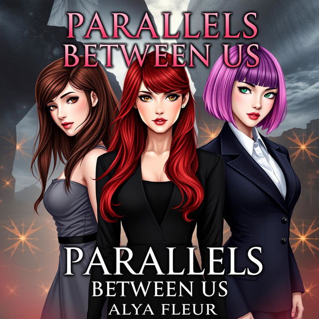 An aesthetic cover for a fantasy book titled "Parallels Between Us", authored by "Alya Fleur"