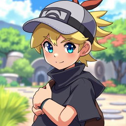 A classic styled blonde boy with striking blue eyes, portrayed as a Pokémon trainer wearing dark clothing