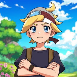 A classic styled blonde boy with striking blue eyes, portrayed as a Pokémon trainer wearing dark clothing