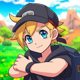 A classic styled blonde boy with striking blue eyes, portrayed as a Pokémon trainer wearing dark clothing