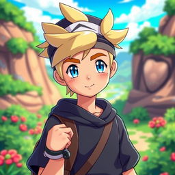 A classic styled blonde boy with striking blue eyes, portrayed as a Pokémon trainer wearing dark clothing