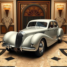 A vintage look four-door car with a slick, streamlined body, merging the elegant features of Talbot Lago and Bugatti designs