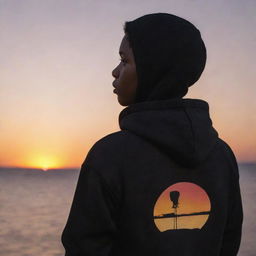 A dark-skinned boy in profile, wearing a black hoodie with the name 'Jamine' on the back, gazing at a stunning sunset.