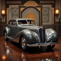 A vintage look four-door car with a slick, streamlined body, merging the elegant features of Talbot Lago and Bugatti designs