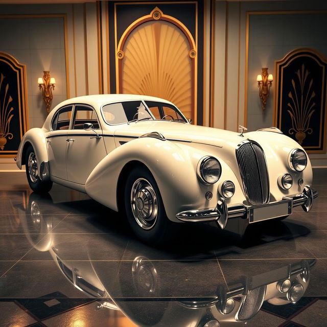 A vintage look four-door car with a slick, streamlined body, merging the elegant features of Talbot Lago and Bugatti designs